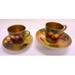 2 Royal Worcester Demi Tasse Cups & Saucers hand painted with peaches, grapes, pears etc. with