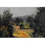 Oil on Board Figures on pathway in wooded area, by CS Meacham (born 1900), in gilt frame,