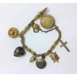 Yellow Metal Fancy Link Bracelet with charms, 9ct gold tortoise, copper plaque from Nelsons ship,