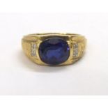 Gents 9ct Sapphire & Diamond Set Ring with staged shoulders, size Q