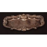 Victorian silver snuffer tray of oval form with scroll border, central motto, London 1844,