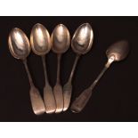 Set of five Victorian silver tea spoons, Exeter 1839, maker RW, 5 1/2" long, approx 95gms