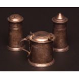 George IV three-piece cruet comprising a lidded cylindrical mustard, cylindrical salt and