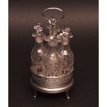 George III cruet stand, the central tapering cylindrical column with reeded carry handle to a