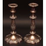 Pair of Victorian electro-plated on copper candlesticks, moulded with foliage and scrolls, 10 1/2"