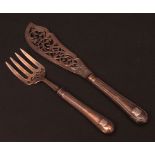 Pair of Victorian silver fish servers, comprising knife with pierced blade and matching fork,