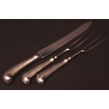 White metal handled carving set comprising knife and two forks with stainless steel/base metal