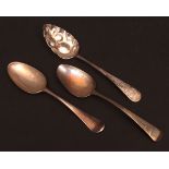 Two George III period silver table spoons, one possibly marked for Peter, Anne & William Bateman (