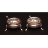 Pair of George V open cauldron salts, each with beaded rims and raised on cast and applied hoof