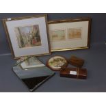 Mixed Lot: 3 various framed pictures, wall mounting mirror and 2 lidded wooden boxes (6)
