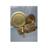 Mixed Lot: brass wares including letter box, crumb tray and brush, two circular plates, letter box