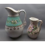 Large 19th century water jug with green floral border and gilded detail throughout, together with