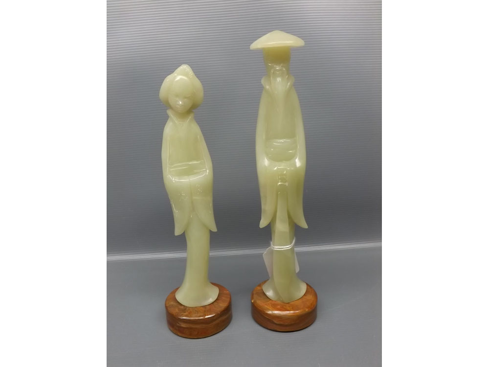 Two oriental green composition figures: master and geisha girl raised on stone plinths, 9 1/2" tall - Image 2 of 2