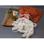 Box containing a printed Paisley shawl (a/f) together with further items of embroidered wares