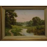 Lesley Hammett, signed, modern oil, River landscape, 8 x 11 1/2 ins
