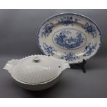 19th century printed oval blue and white serving plate with floral detailing, together with a