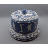 Wedgwood Style blue basalt designed circular cheese dish with raised relief of oak leaves and acorns