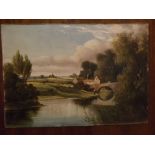 A W Darby, signed and dated 1897, oil on board, River landscape with figures, bridge and cottages, 6