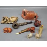 Group: assorted soapstone carved figures, together with a 20th century netsuke of two horses,