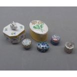 Small mixed lot of pill bottles to include two small enamelled Halcyon Days pill boxes, together