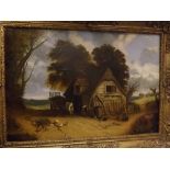 Indistinctly monogrammed lower right, 19th century oil on canvas, Farmstead with figure, horse and