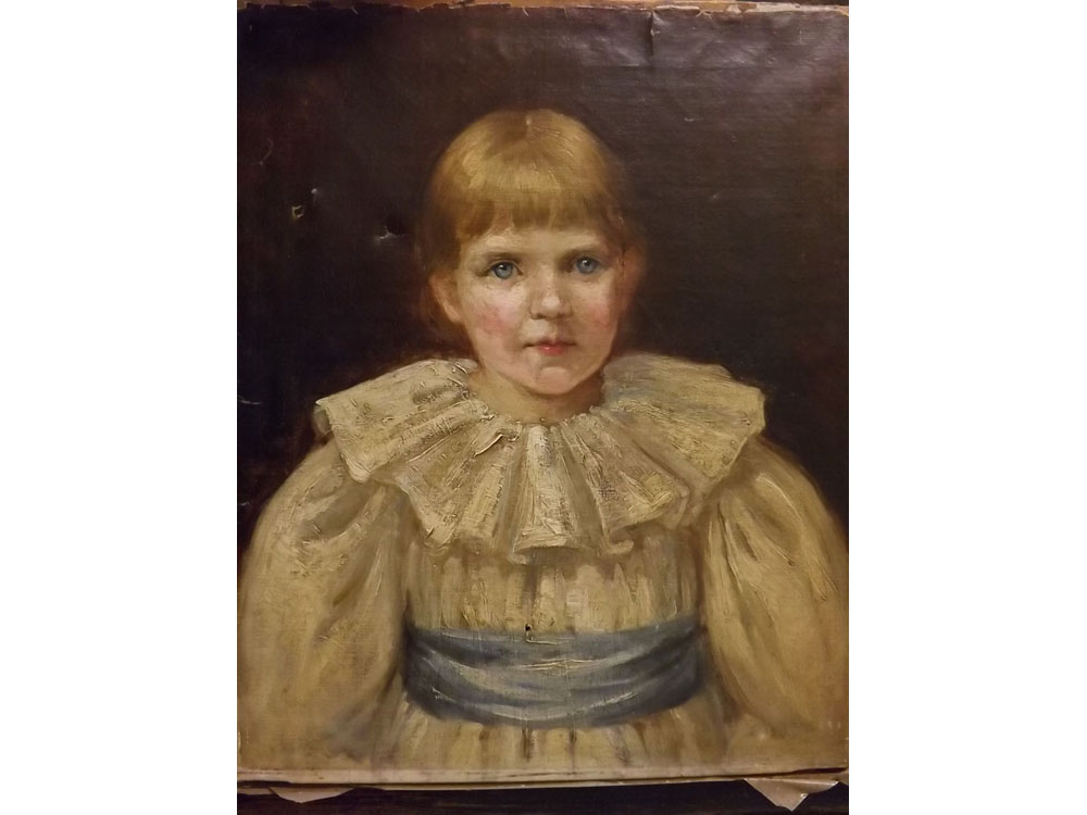 19th century English school, oil on canvas, Head and shoulders portrait of a young girl wearing