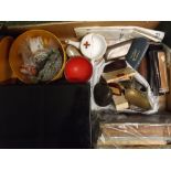 Box of miscellaneous items to include assorted fountain pens, leather wallets, assorted cased