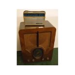 Vintage walnut veneer Ferguson mains radio, 18 1/2" tall together with a vintage "Challenge"