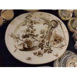 Victorian Ashworth's turkey plate, with floral printed scene and panel of turkey decoration, 20" x