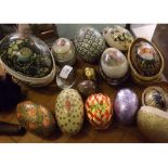 Collection of various egg shaped containers including one dated 1894