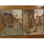 Vivot, signed pair of oils on photographic base, Figures in streets, 10 x 8 1/2 ins, both