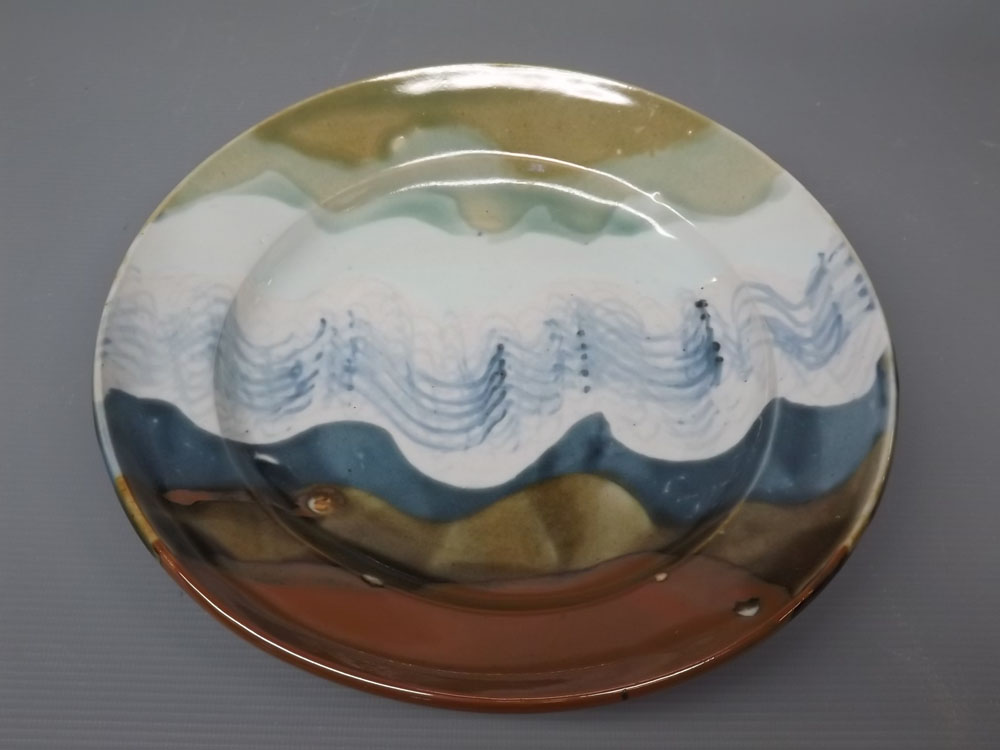 20th century porcelain glazed abstract landscape dish by Diana Rose of Avocet Pottery in Aldborough,