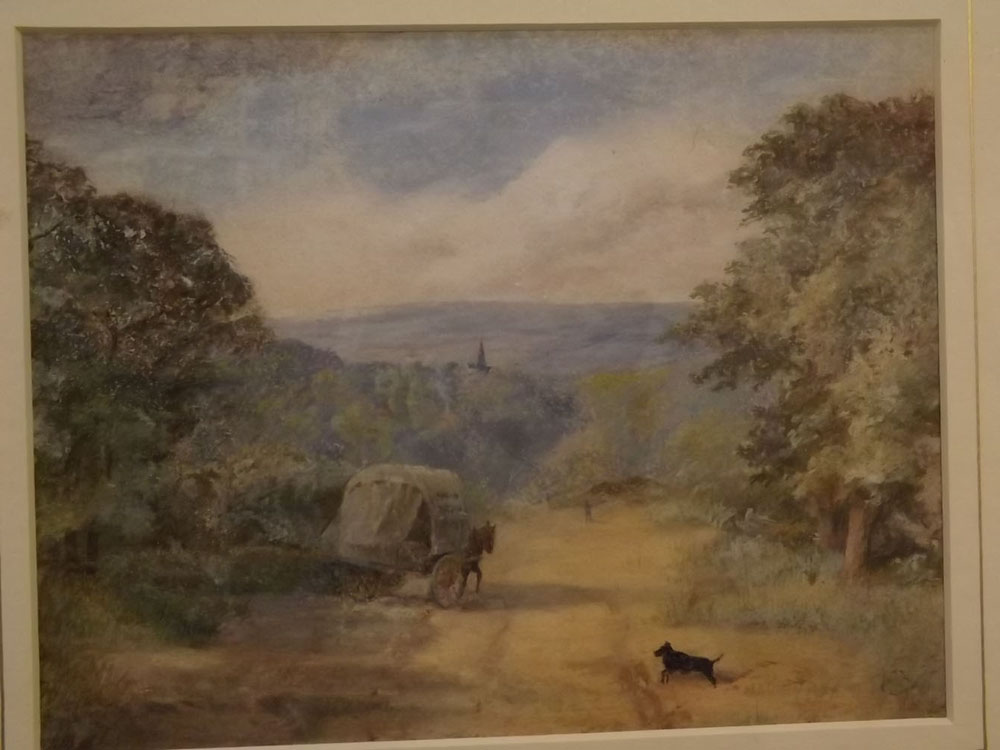 19th century English school, watercolour, Country road with horse, cart and dog, 6 x 8 ins