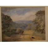 19th century English school, watercolour, Country road with horse, cart and dog, 6 x 8 ins