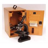 Mid-20th century cased monocular microscope, Ernst Leitz Wetzlar 503897, the integral stand and base