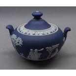 Wedgwood blue basalt two-handled sugar bowl with lid, with neo-classical figures throughout, 4 1/