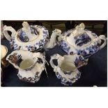 19th century blue and white decorated three piece tea set, comprising teapot, two-handled lidded