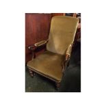 19th century mahogany framed armchair with green velour upholstered seat, back and arms, raised on