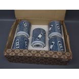 Boxed set of five 20th century Oriental beakers with blue stylised decoration, character mark to
