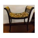 Chinoiserie stool or window seat with scrolled uprights over lattice pierced panels, upholstered