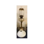 Victorian Corinthian column brass oil lamp, with clear glass font together with two opaque glass