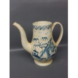 18th century creamware coffee pot lacking lid, with a blue decorated scene (A/F), 8" high