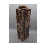 Large Studio pottery square formed vase with cup side handles, carved detail throughout, 18" tall