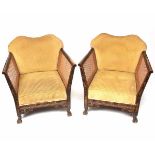 Pair of late 19th century chinoiserie armchairs with ribbed mustard upholstered backs and seats