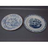 Two 19th century blue and white plates, one with pagoda and floral design with stapled back, the