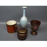 Bohemian glass small gilded cylindrical container, further decorative glass vase and two items of
