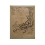 James Kerr Lawson, (label verso), pencil drawings, two figures by a loom, 7" x 9" together with