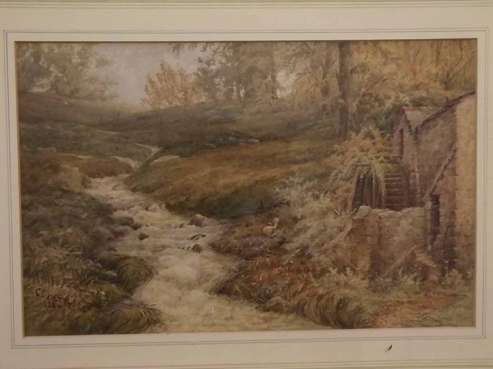 Charles Edward Hern, signed and dated 1884, watercolour, Rocky river view with windmill and