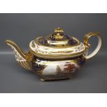 19th century Derby decorated teapot, with blue ground and gilded detail, painted scenes of the