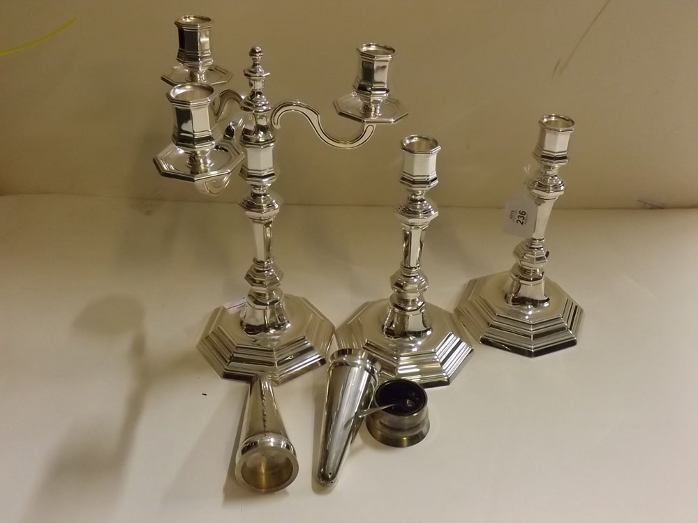 Christofle candlestick and candelabrum set, further plated salt and cruet items